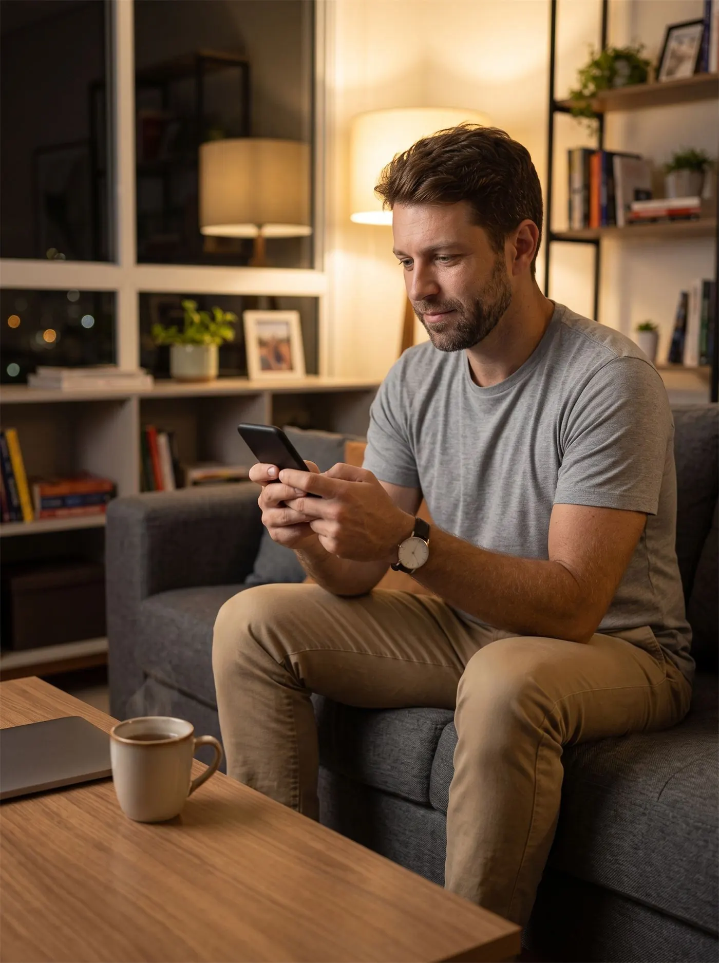 Homem sentado no sofá olhando o celular