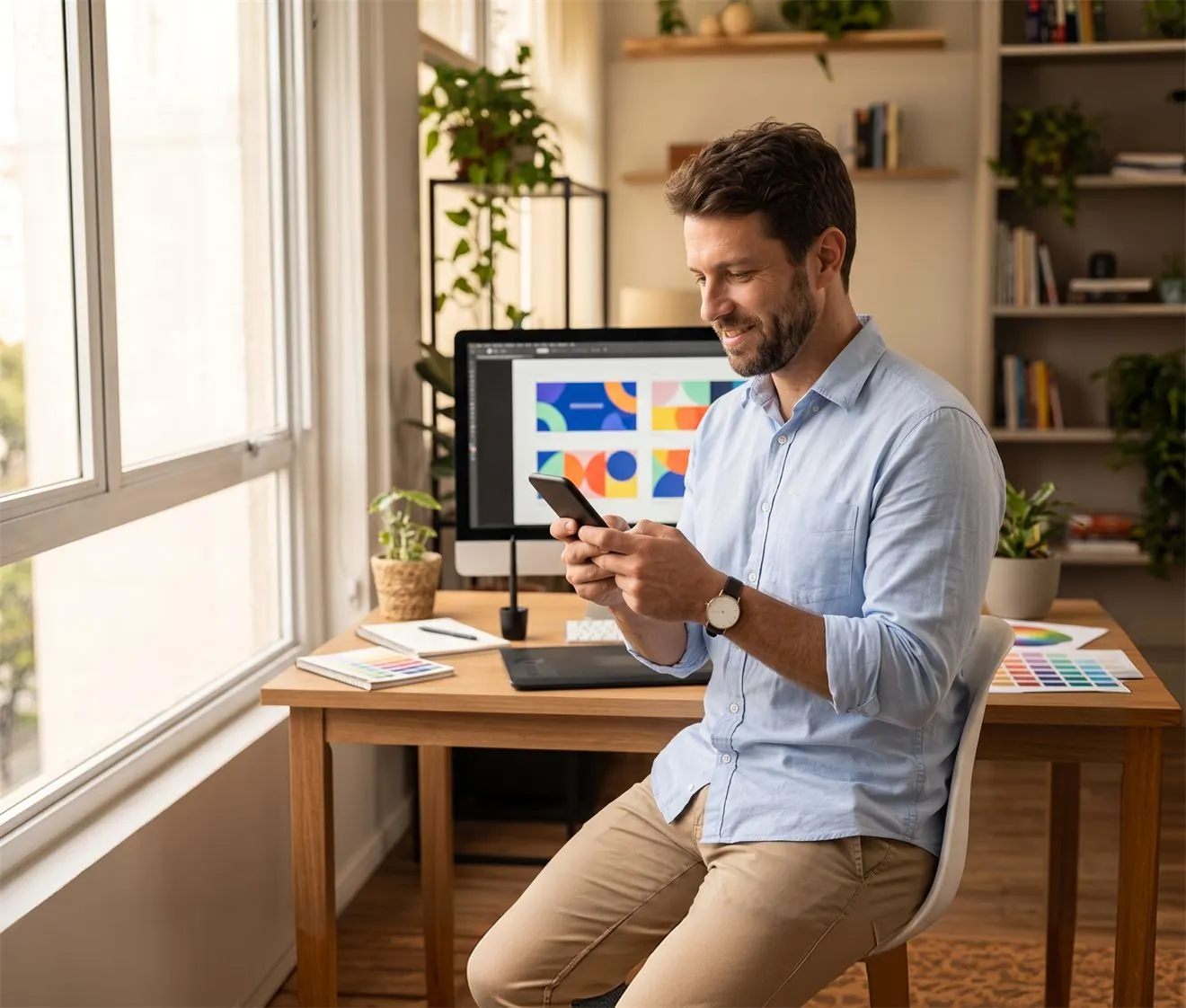 Designer sorrindo com o celular na mão, em frente ao computador