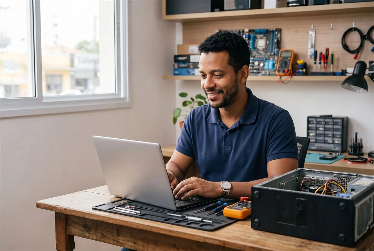 Homem sorrindo enquanto usa o notebook na bancada de trabalho