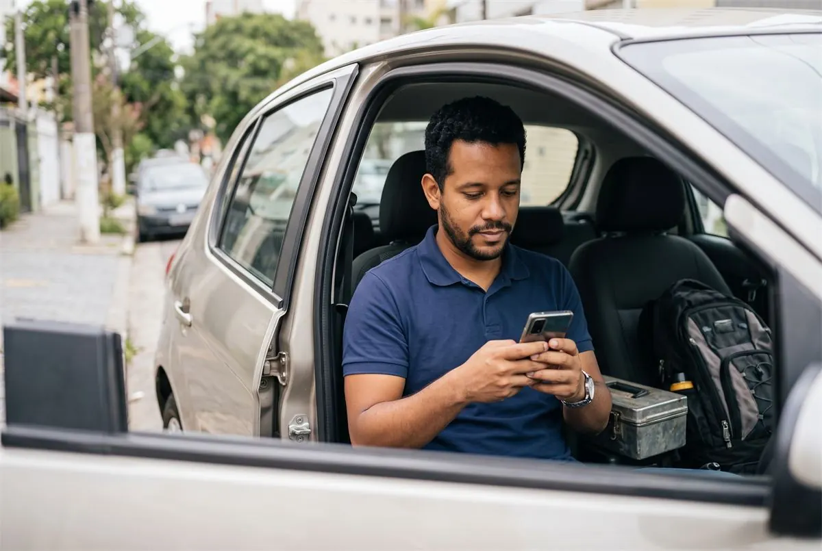 Homem sentado no carro conferindo o celular