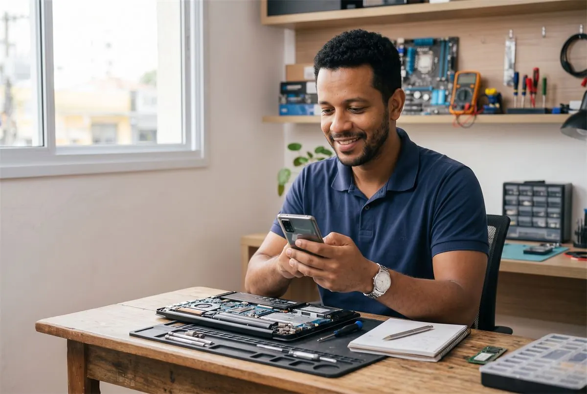 Homem usando o celular na bancada de conserto
