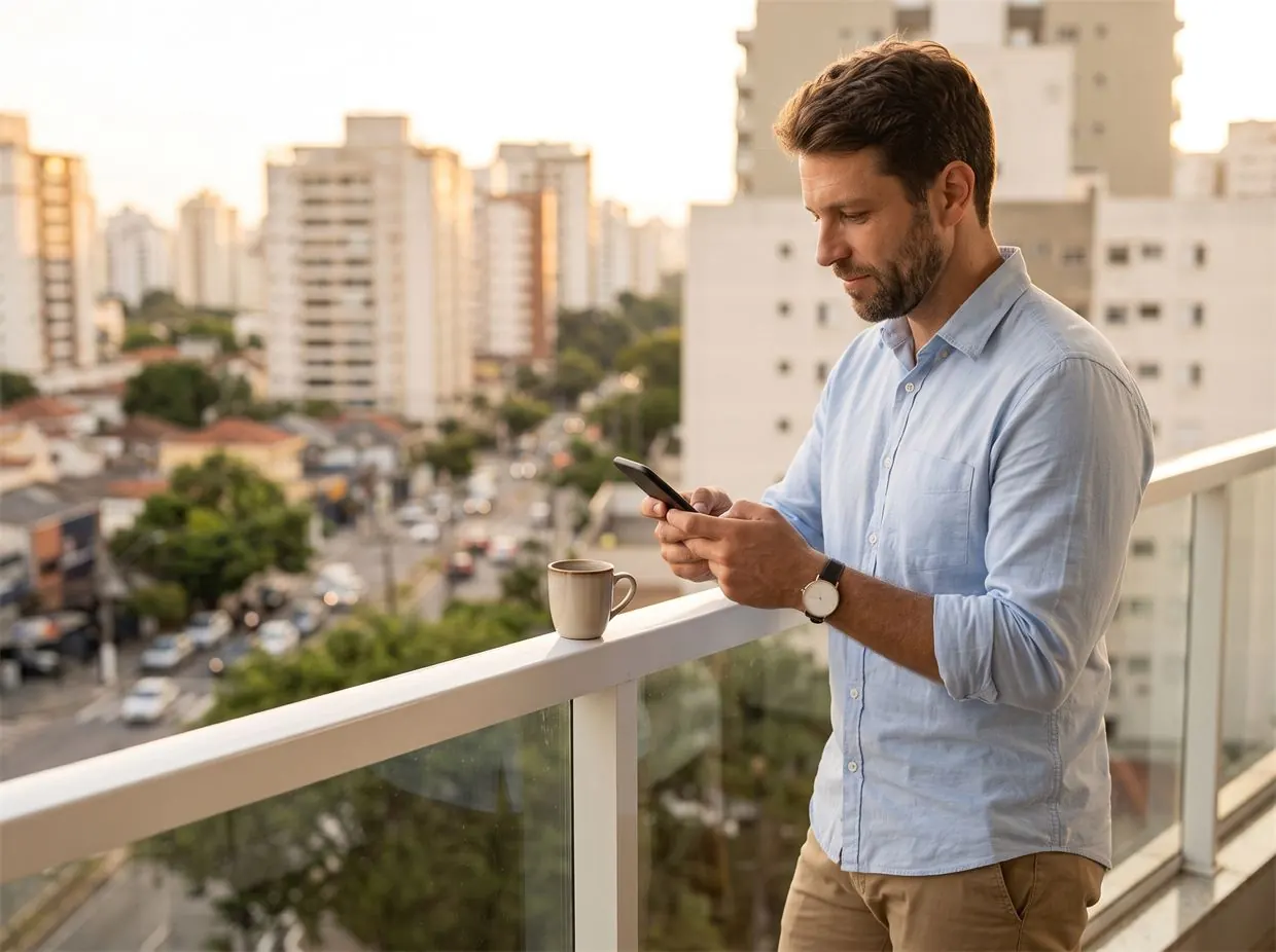 Homem na varanda de um prédio usando o celular, com a cidade ao fundo