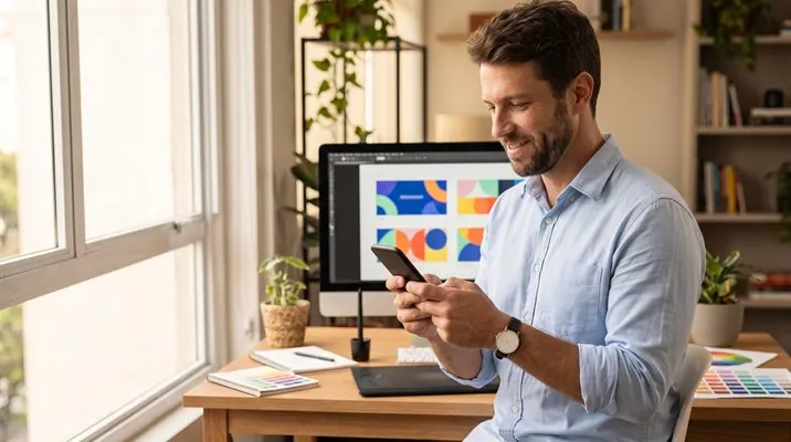 Designer autônomo sorrindo enquanto usa o celular na mesa de trabalho